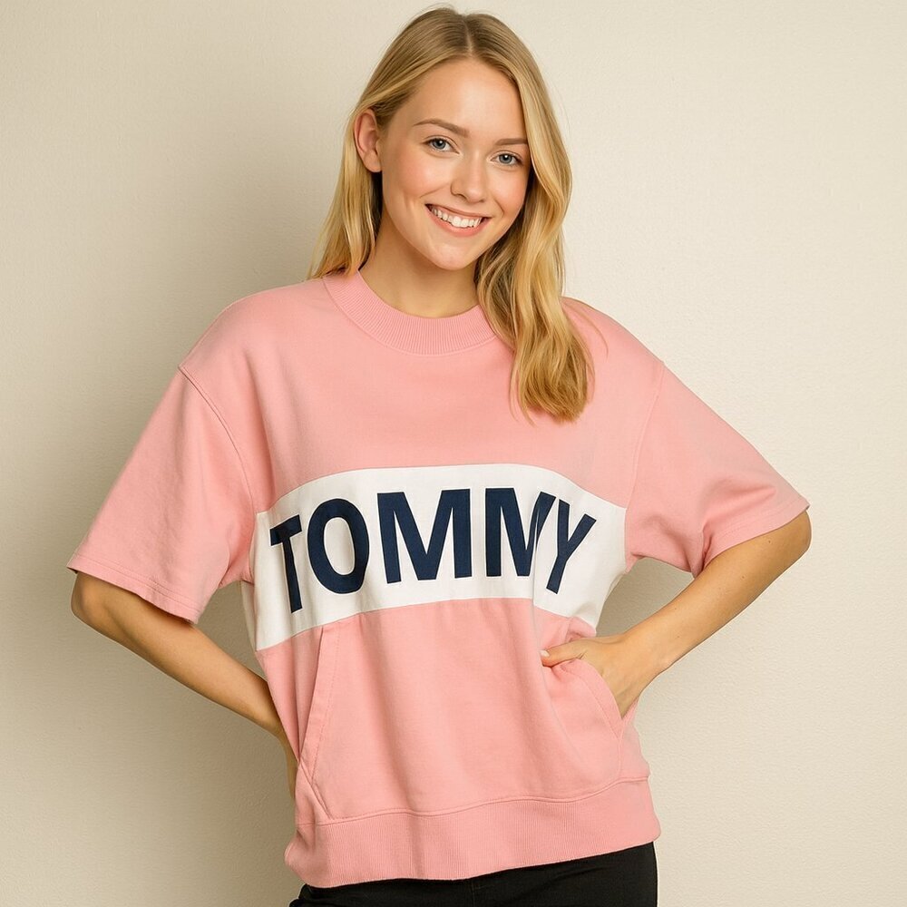 Tommy Hilfiger Pink White Short Sleeve Sweatshirt Medium